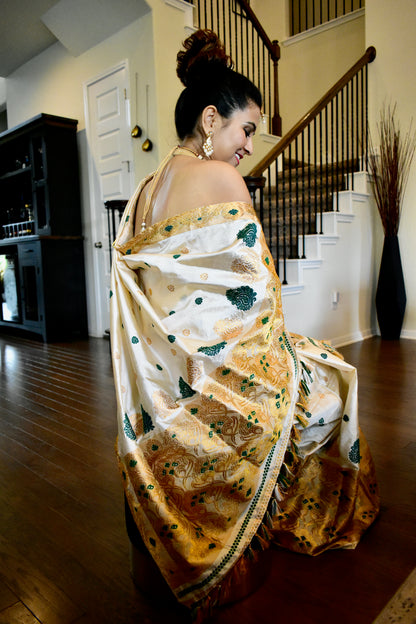 Handmade Assam Silk( Weft) & Tussar Silk(Warp)  Mekhela Sador with Green & Golden Motifs