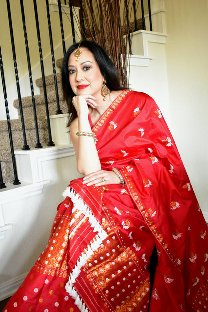Handmade Assam Silk Red Mekhela Sador with Golden & White Motifs