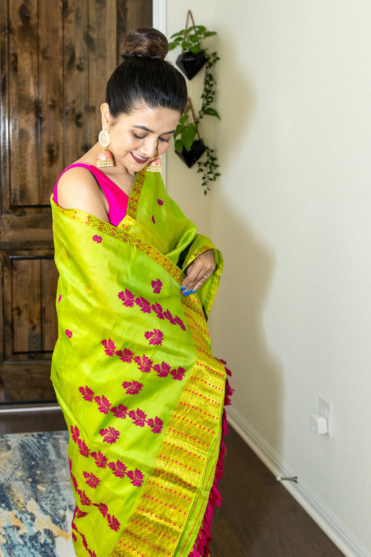 Handmade Parrot green Assam Raw Silk Sador(kesa paat) with Assam Silk Mekhela