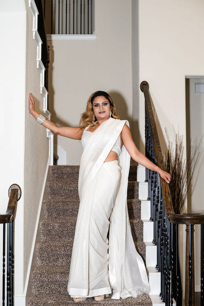 Plain White sequins Georgette Saree