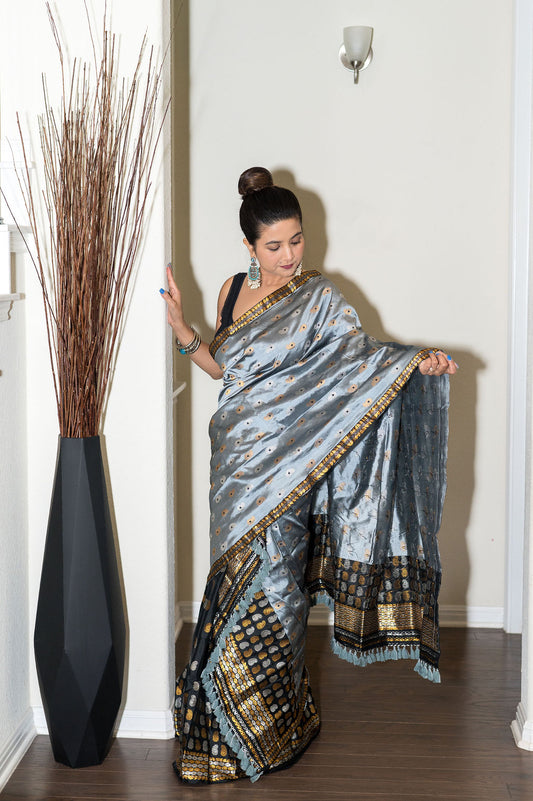 Handmade Assam Silk Gray & Black Mekhela Sador