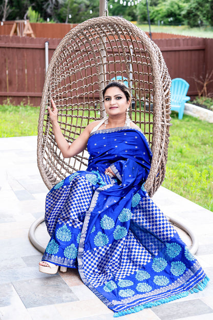 Handmade Assam Silk (Paat) Blue Mekhela Sador with Turquoise & Silver Motifs