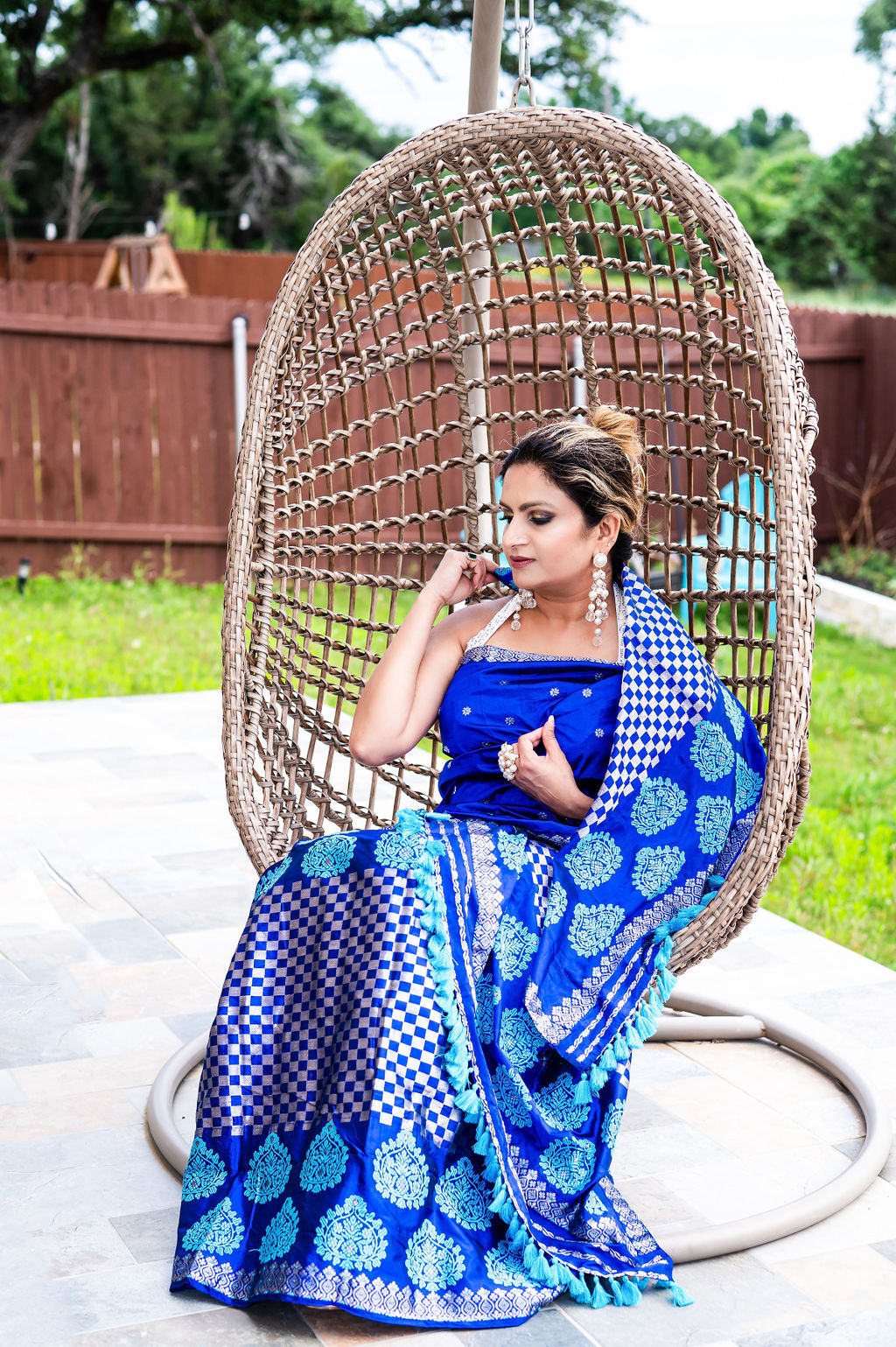 Handmade Assam Silk (Paat) Blue Mekhela Sador with Turquoise & Silver Motifs