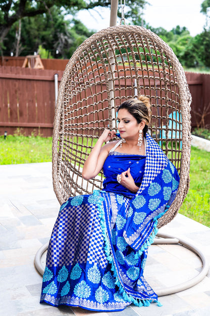 Handmade Assam Silk (Paat) Blue Mekhela Sador with Turquoise & Silver Motifs