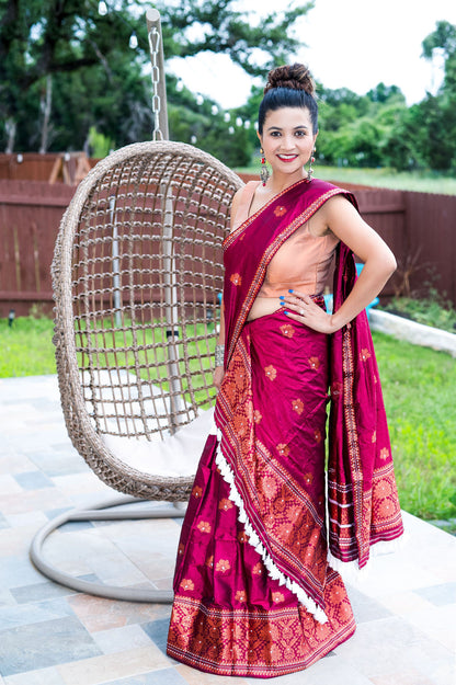 Handmade Wine Red/Maroon Assam Silk Mekhela Sador with Metallic Copper Motif