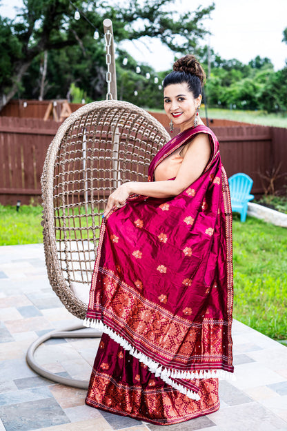 Handmade Wine Red/Maroon Assam Silk Mekhela Sador with Metallic Copper Motif