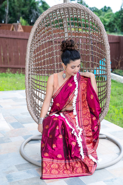 Handmade Wine Red/Maroon Assam Silk Mekhela Sador with Metallic Copper Motif