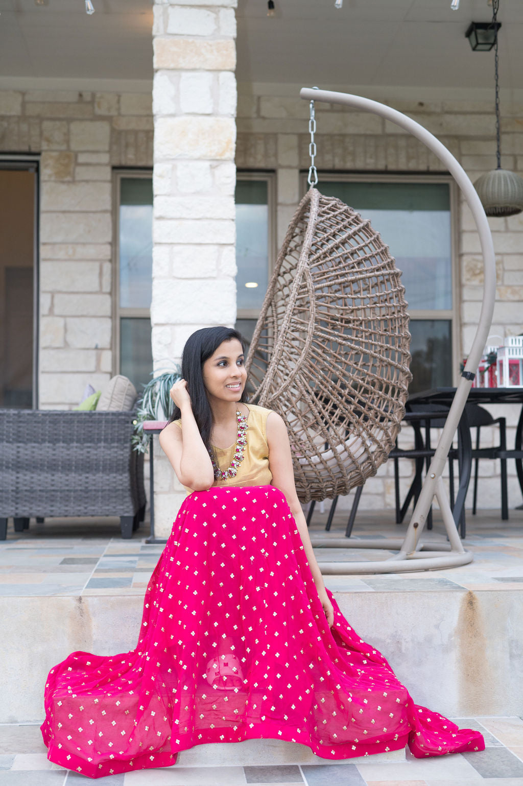 Hot Pink with Gold Flower Work Lehenga Skirt