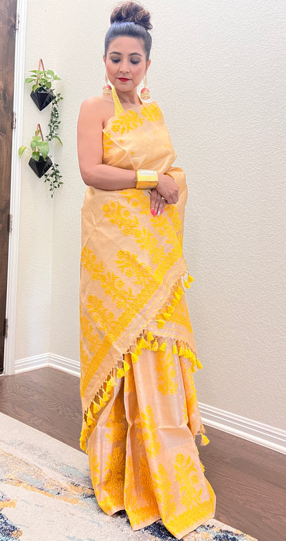 Assam Tussar Silk Mekhela Sador with Yellow Leaf Motifs