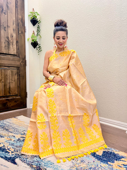 Assam Tussar Silk Mekhela Sador with Yellow Leaf Motifs