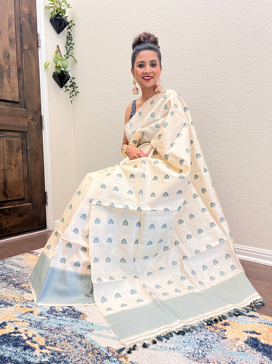 Handmade White Dyed Tussar Silk Mekhela Sador with Grey work