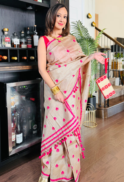 Handmade Assam Tussar Silk Mekhela Sador with Pink Motifs