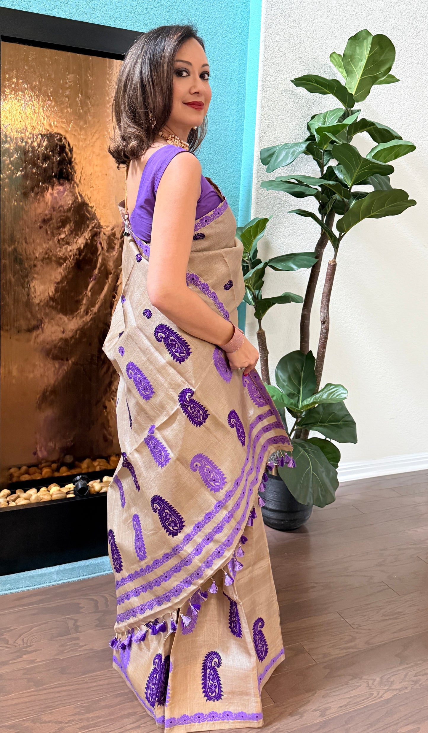 Handmade Assam Tussar Silk Mekhela Sador with Purple Motifs