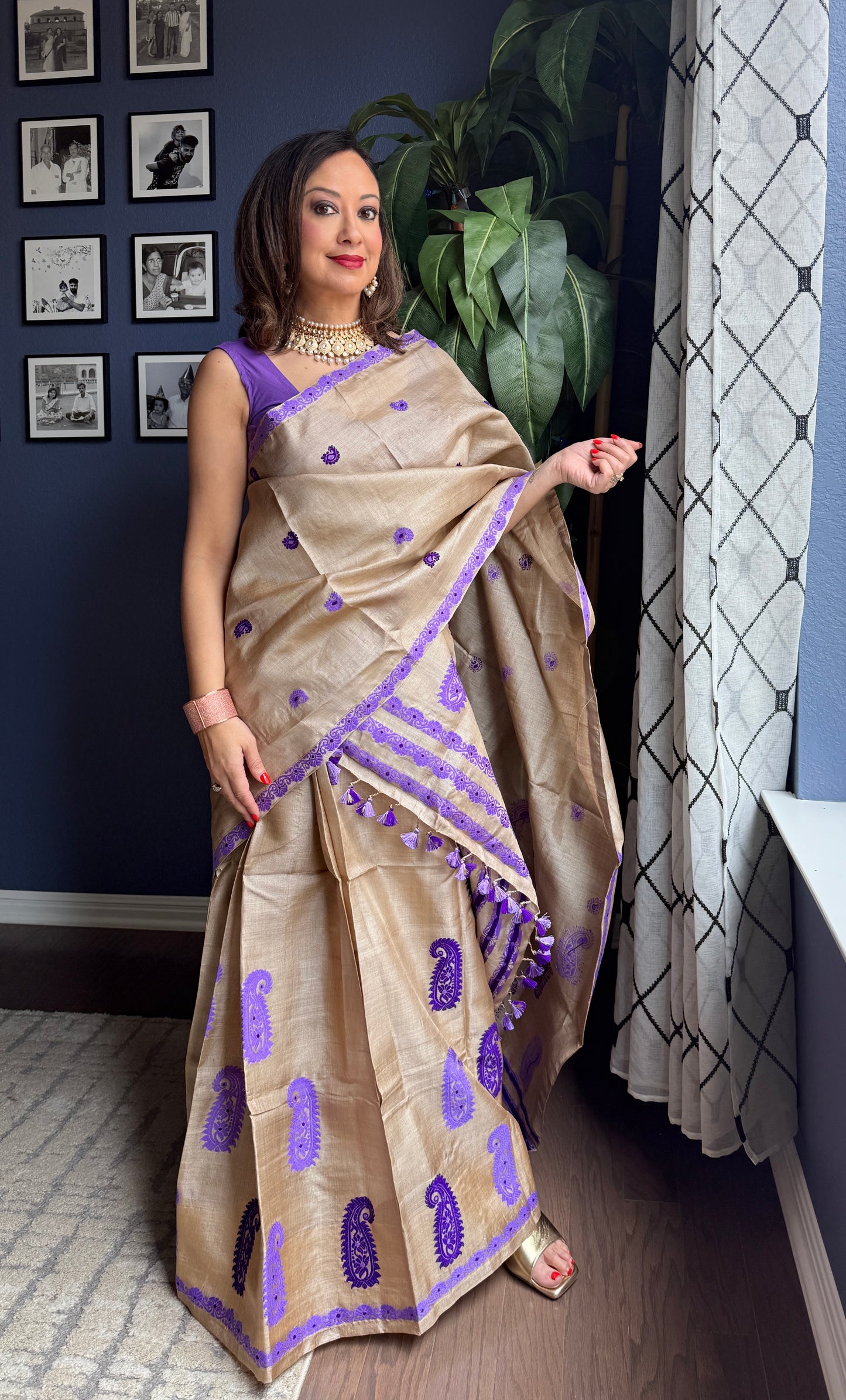 Handmade Assam Tussar Silk Mekhela Sador with Purple Motifs