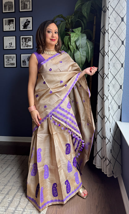 Handmade Assam Tussar Silk Mekhela Sador with Purple Motifs