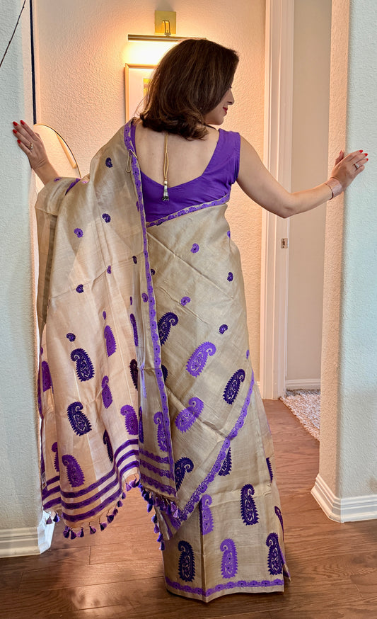 Handmade Assam Tussar Silk Mekhela Sador with Purple Motifs