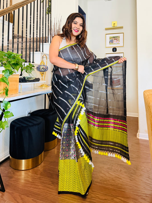 Handmade Black Assam Raw Silk Mekhela Chador with Silver Zari Work