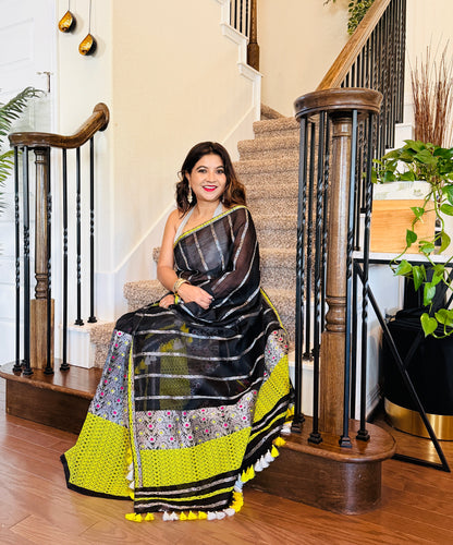 Handmade Black Assam Raw Silk Mekhela Chador with Silver Zari Work