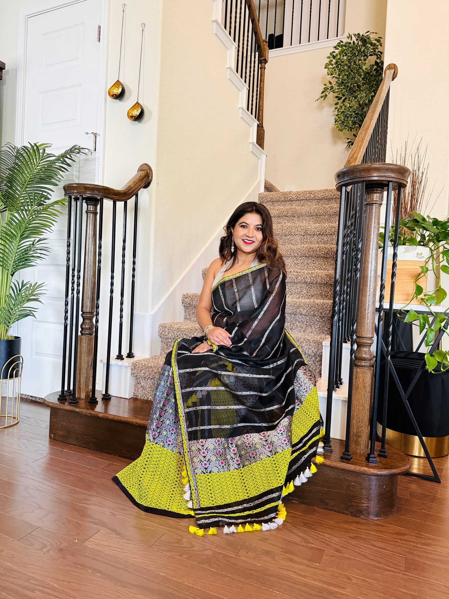 Handmade Black Assam Raw Silk Mekhela Chador with Silver Zari Work