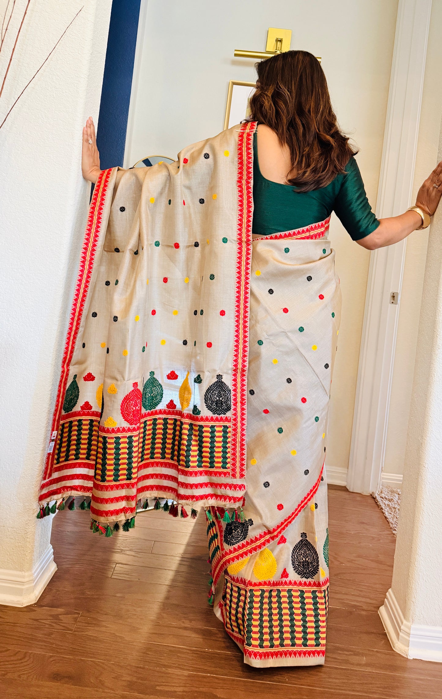 Handmade Assam Tussar Silk Mekhela Sador with Colorful Motifs