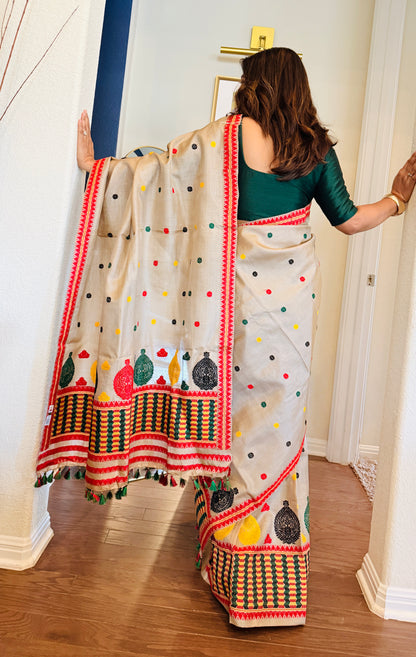 Handmade Assam Tussar Silk Mekhela Sador with Colorful Motifs