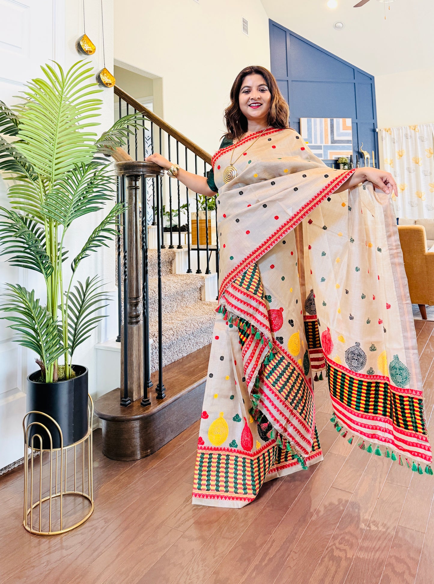 Handmade Assam Tussar Silk Mekhela Sador with Colorful Motifs