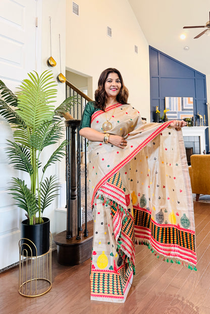 Handmade Assam Tussar Silk Mekhela Sador with Colorful Motifs