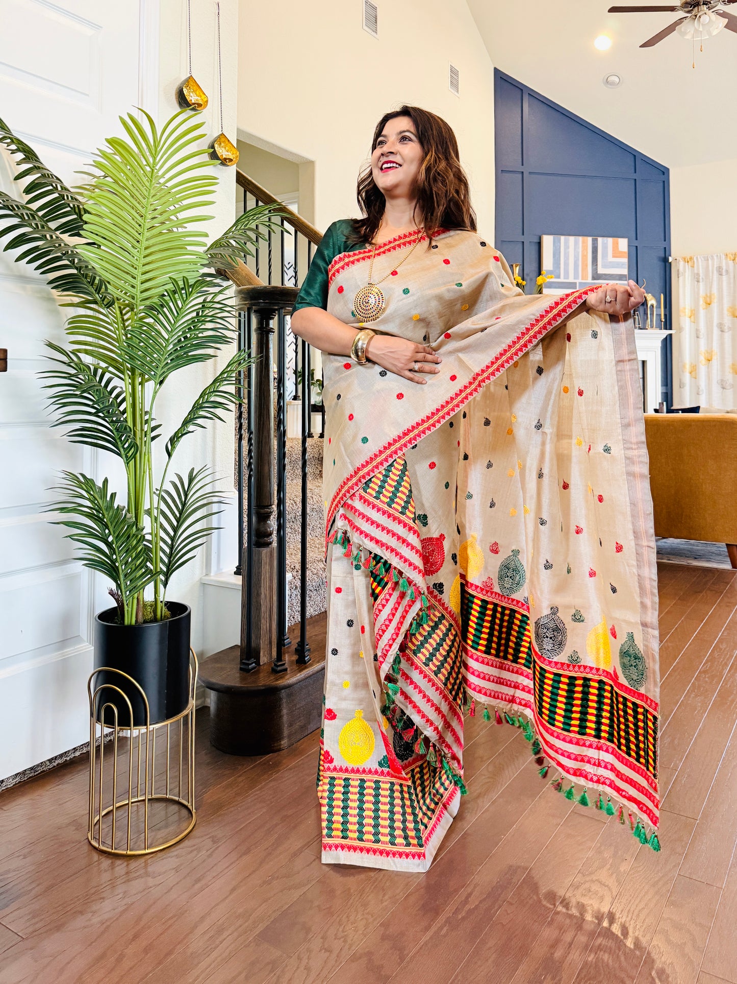 Handmade Assam Tussar Silk Mekhela Sador with Colorful Motifs