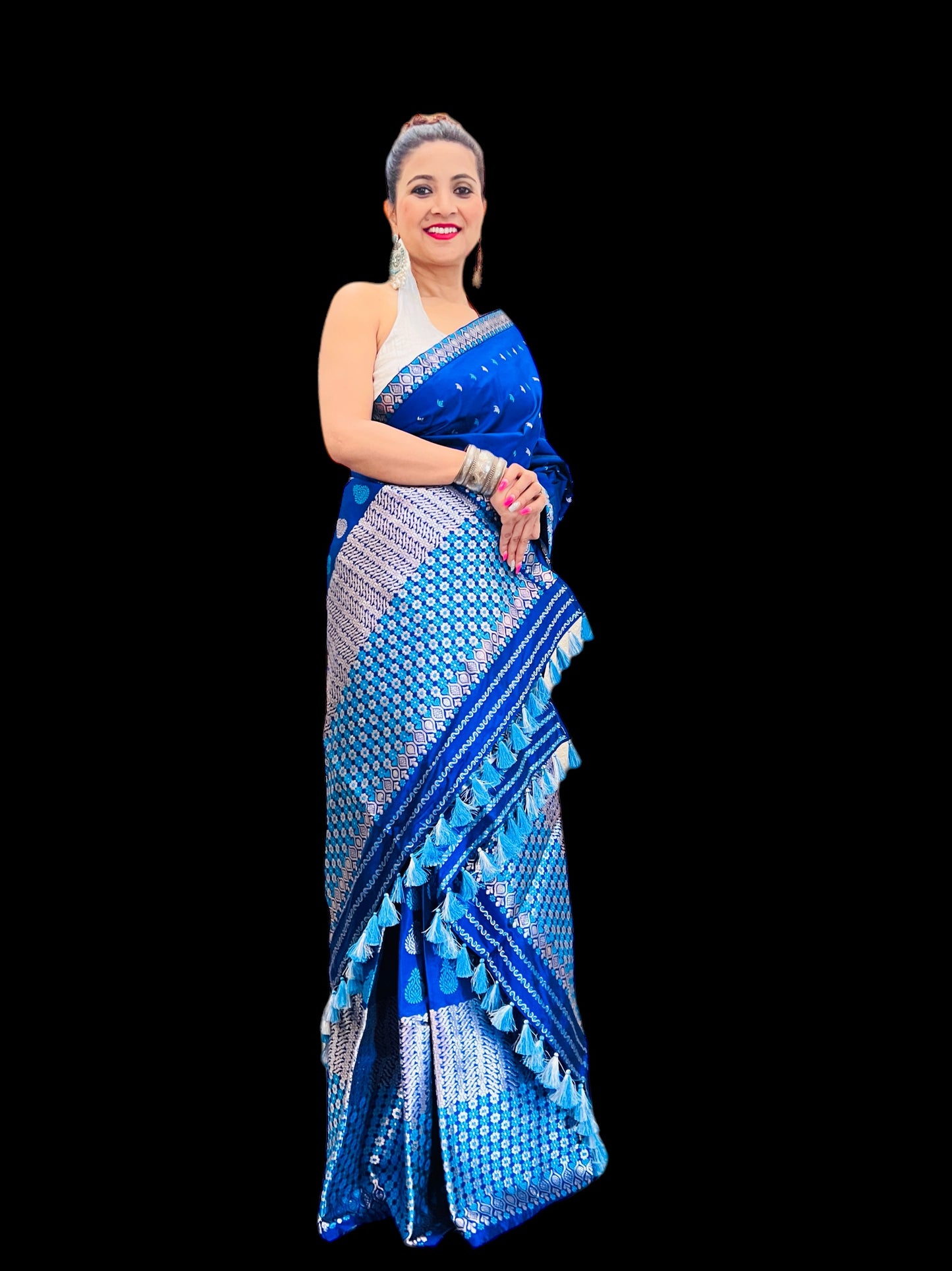 Handmade Blue Paat Silk Mekhela Sador with Silver Work