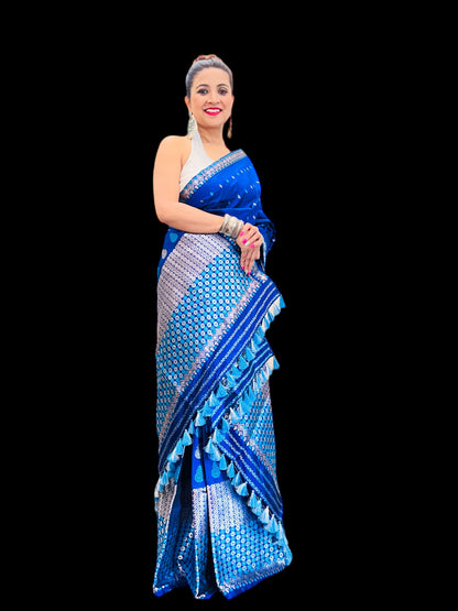 Handmade Blue Paat Silk Mekhela Sador with Silver Work